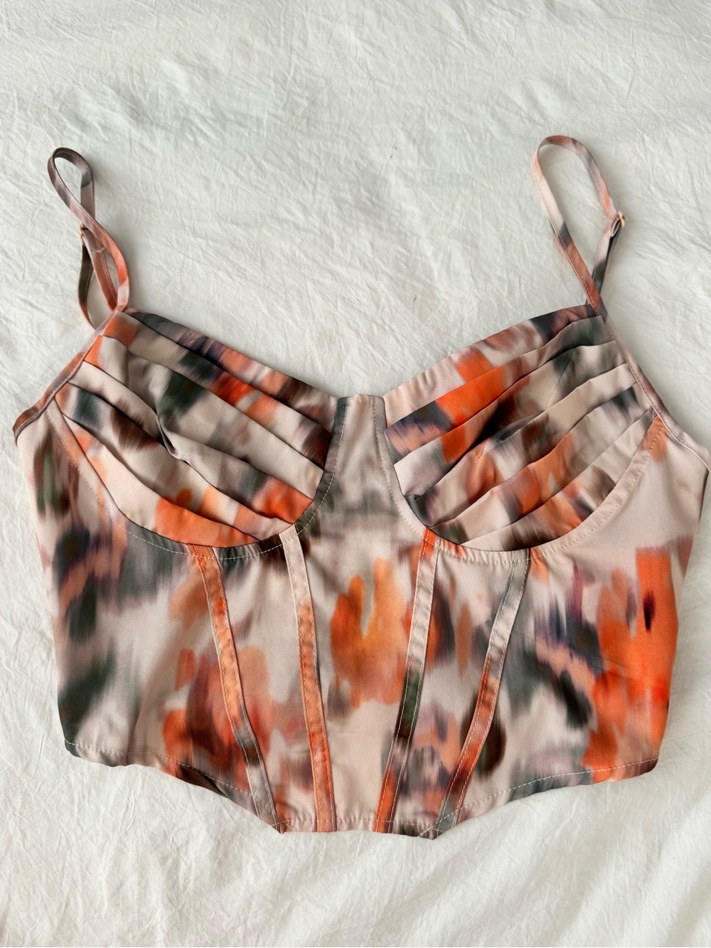 SHEIN Satin Abstract Cami Crop Top in Peach and Orange